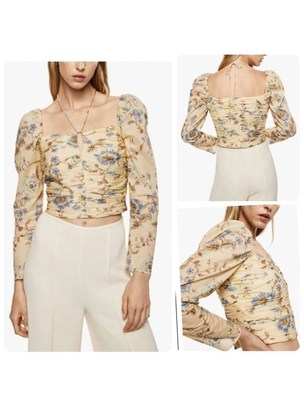 NWT Mango MNG Ruched Floral Blouse Peasant Yellow Side Zip Crop Top Large 8 NEW